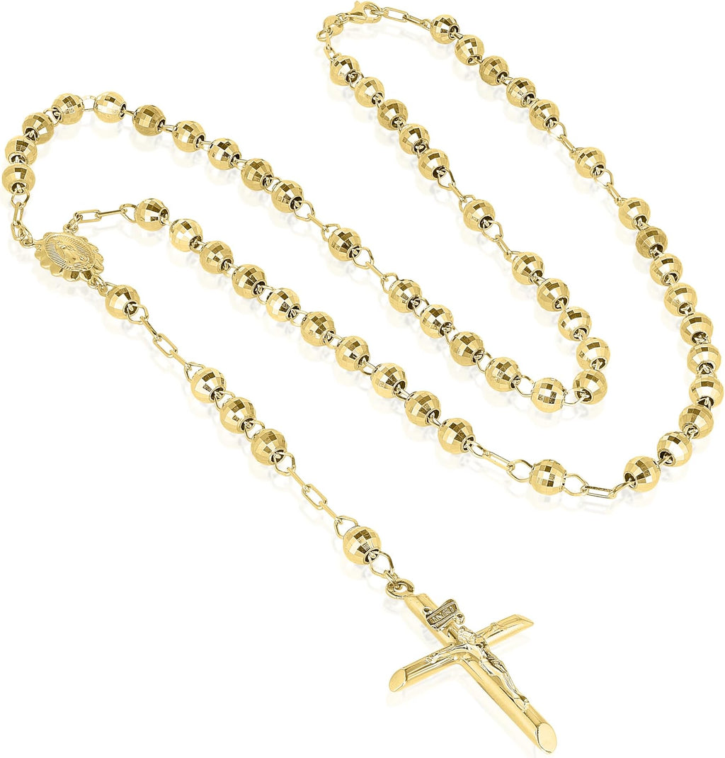 10k Yellow Gold Rosary Necklace with Virgin Mary Medal and Crucifix Pendant W26386