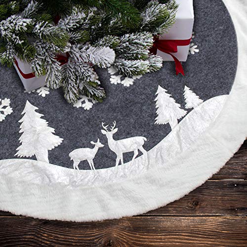 White Fur Christmas Tree Skirt with Deer and Snowflake Pattern 36 inches T798