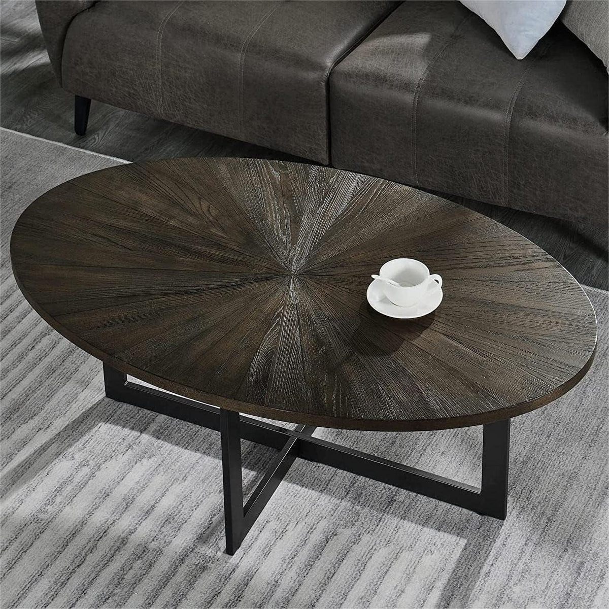 Solid Wood Oval Coffee Table with Cross Metal Legs Brown V905