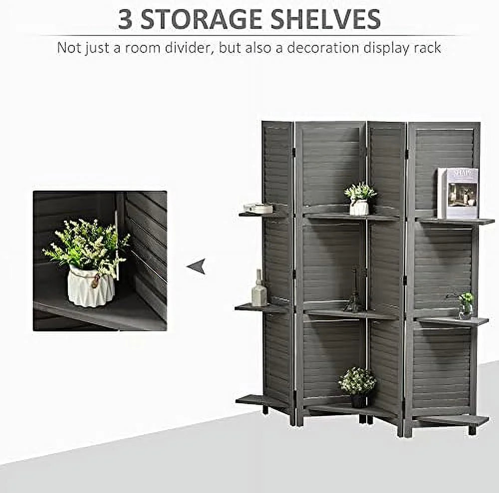 4 Panel Wood Privacy Screen Room Divider with Shelves O68977