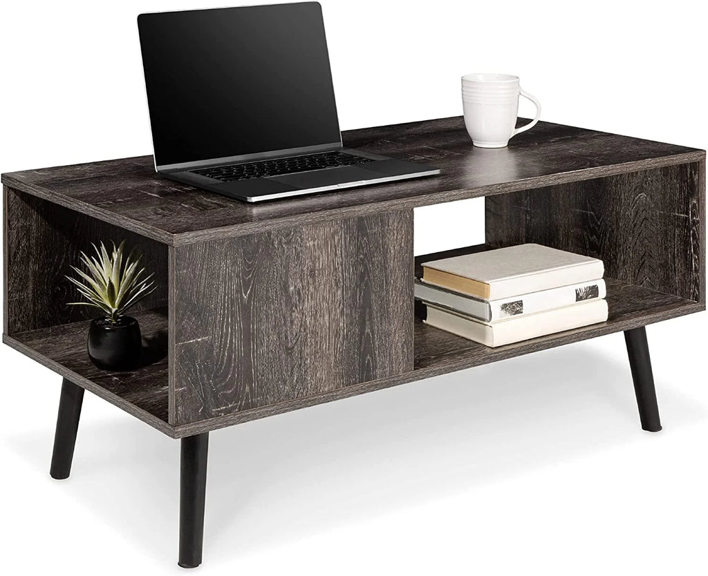 Mid-Century Modern Wooden Coffee Table with Open Storage Shelf B548373