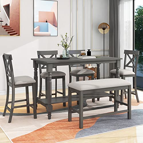 6-Piece Counter Height Table with Shelf 4 Chairs and Bench Gray L4024