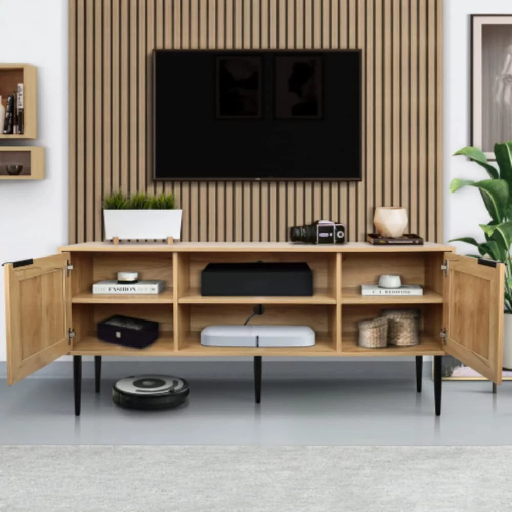 Wooden TV Stand with 2 Wicker Doors and 2 Open Shelves H305860