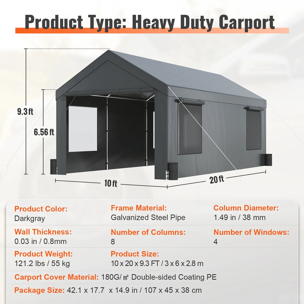 10 x 20 Feet Carport Canopy with Side Walls and Windows A28920