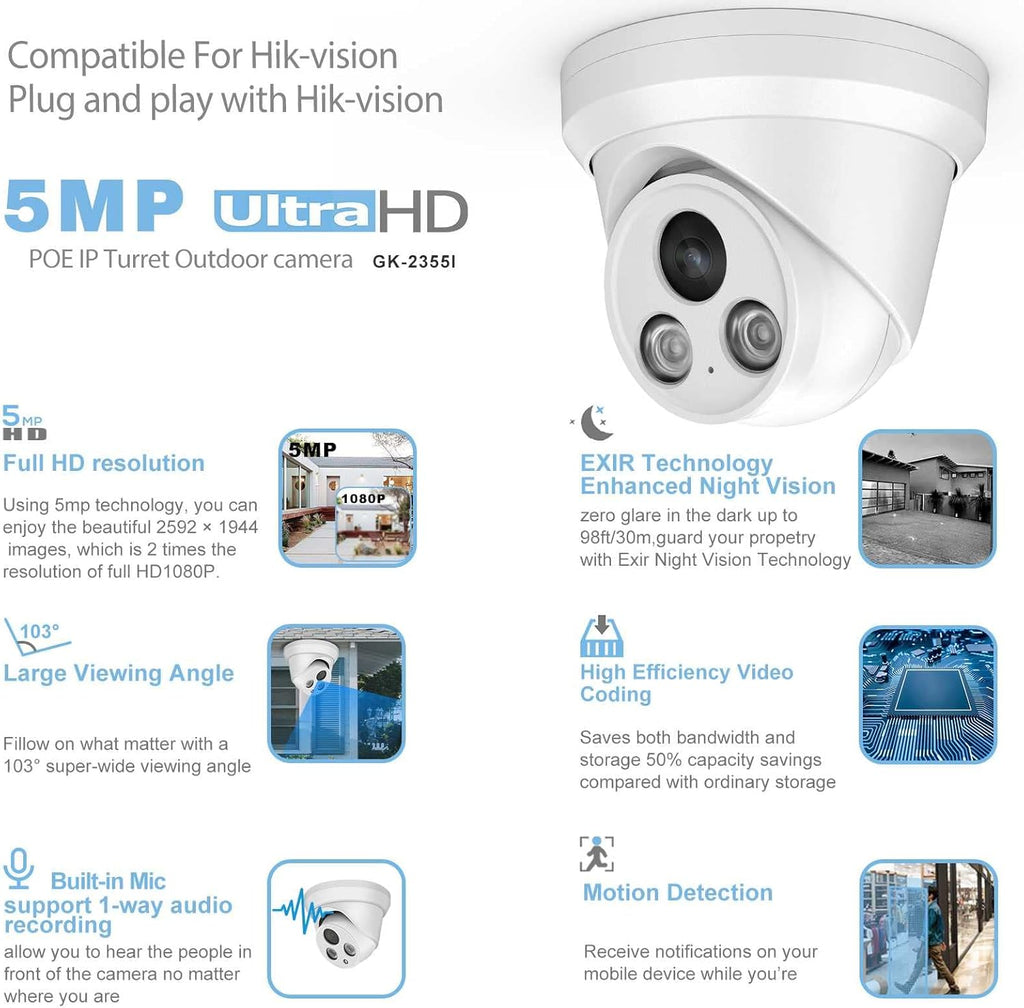 4K 8MP Outdoor PoE IP Turret Camera with Mic, 2.8mm Lens, IP67 N1976