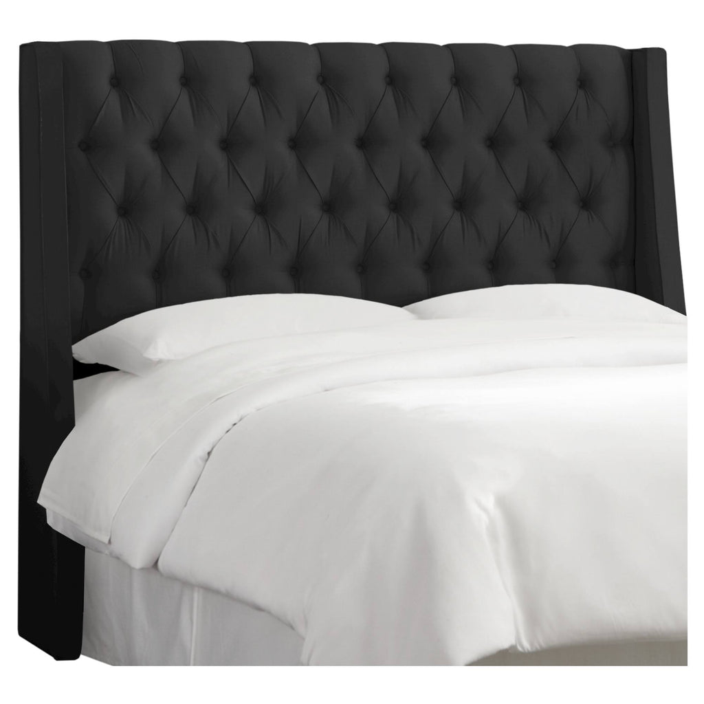 California King Tufted Wingback Headboard Faux Silk Black J470672