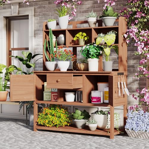 Light Brown Fir Wood Potting Bench with Drawers and Storage Shelves S737645