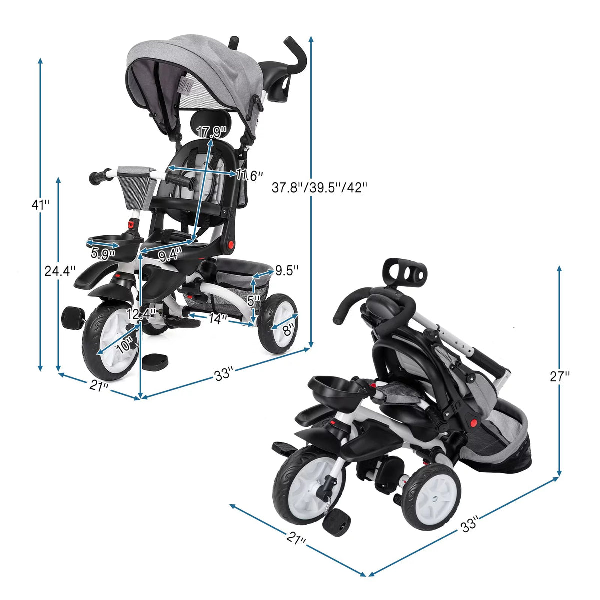 Folding Toddler Tricycle with Adjustable Canopy and Storage U275023