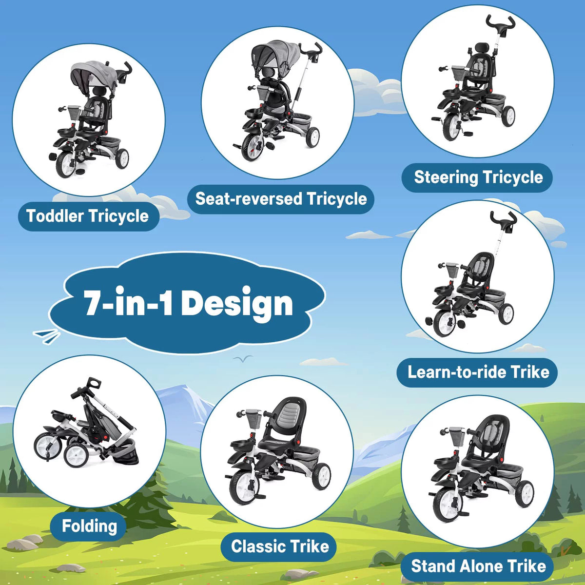 Folding Toddler Tricycle with Adjustable Canopy and Storage U275023