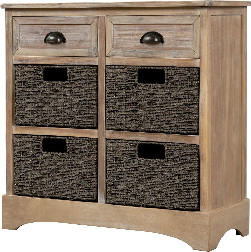 Solid Wood Wicker Storage Cabinet with 4-Basket Chest and 2 Drawers G171489
