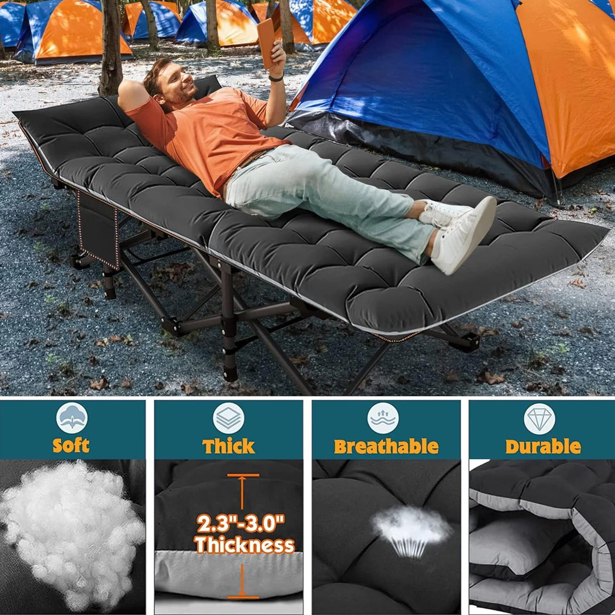 Oversized XXL Folding Camping Cot with Cushion & Carry Bag D591717