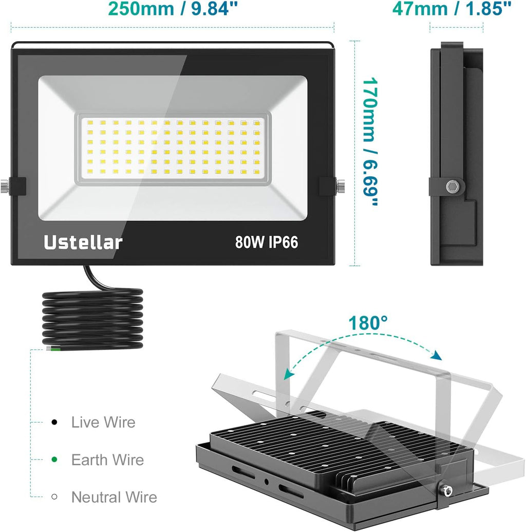 2 Pack 80W LED Flood Light IP66 Waterproof Outdoor 5000K Daylight White I40647