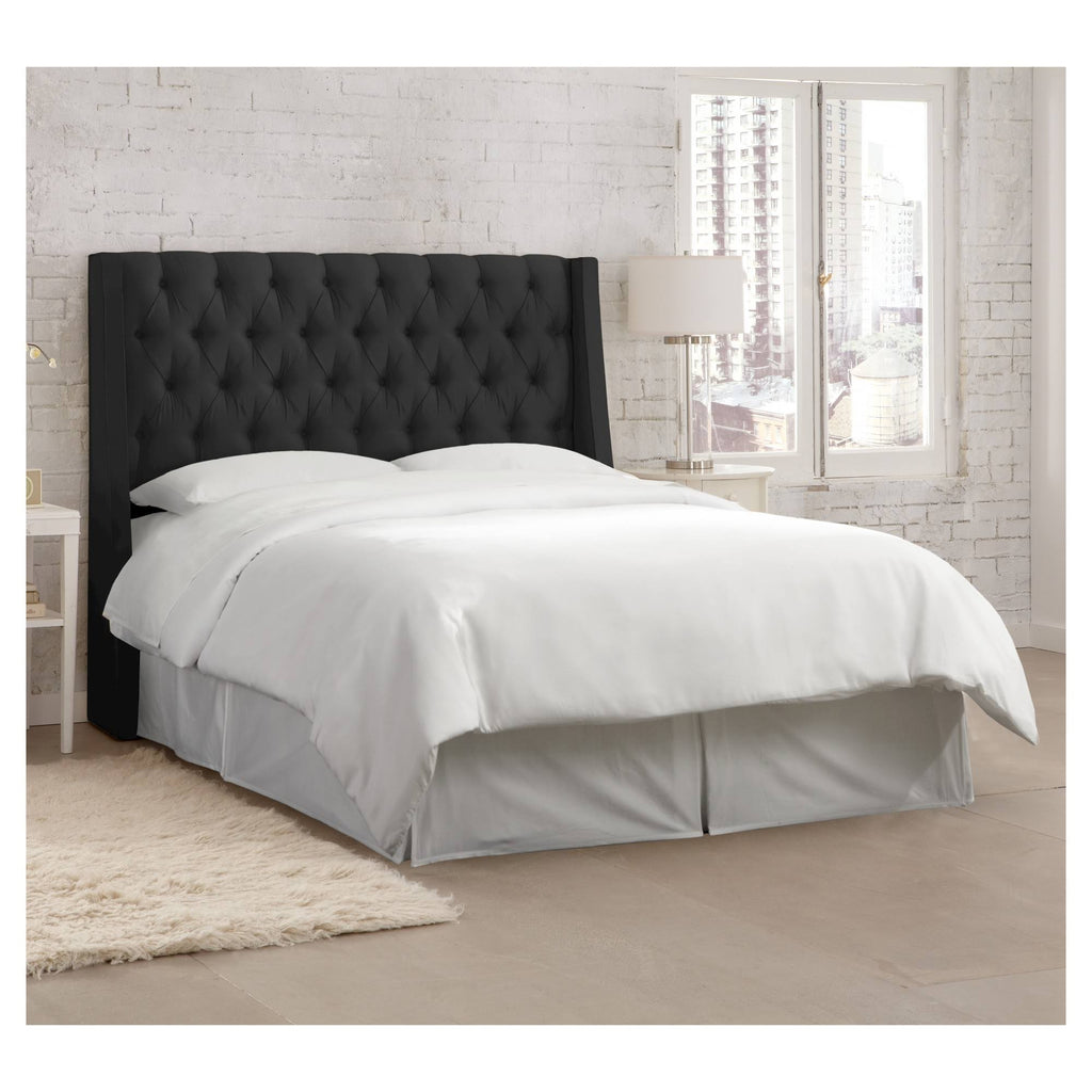 California King Tufted Wingback Headboard Faux Silk Black J470672