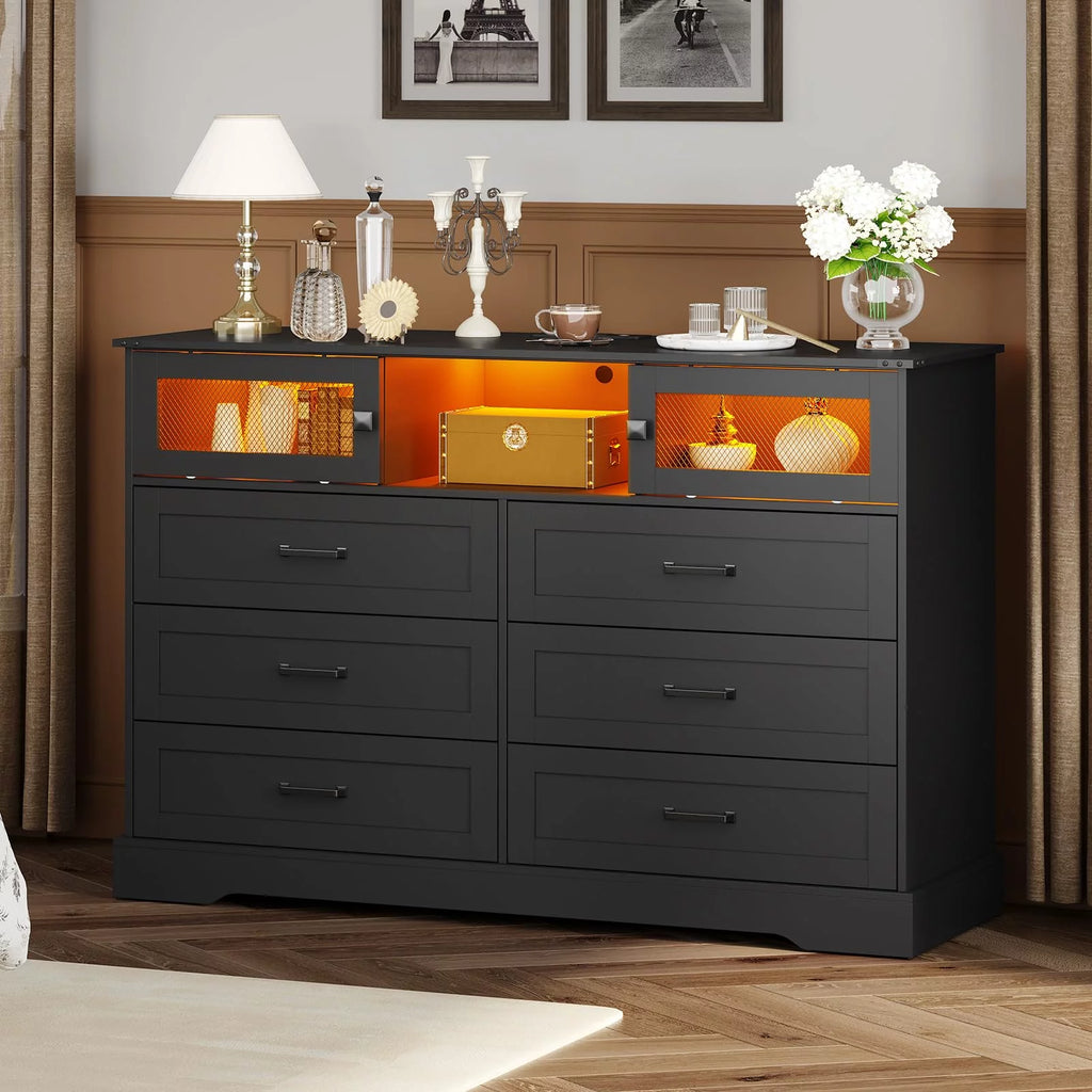 Black 6 Drawer Dresser with 2 Sliding Doors A6882