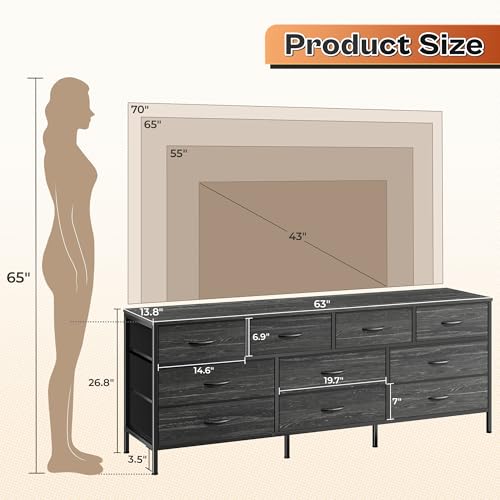 63 Inch 10 Fabric Drawers Rustic Brown Dresser S5511