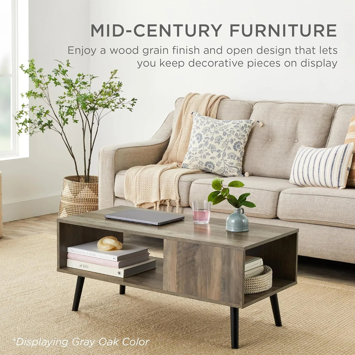 Mid-Century Modern Wooden Coffee Table with Open Storage Shelf B548373