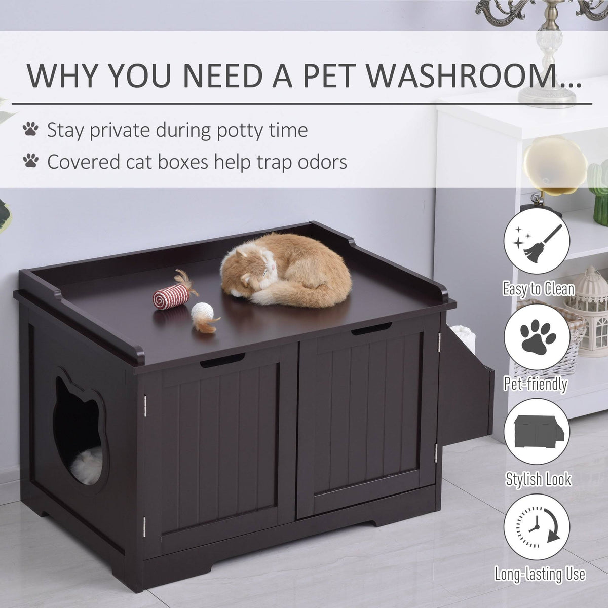 White Wooden Cat Litter Box Enclosure with Storage Rack R3612