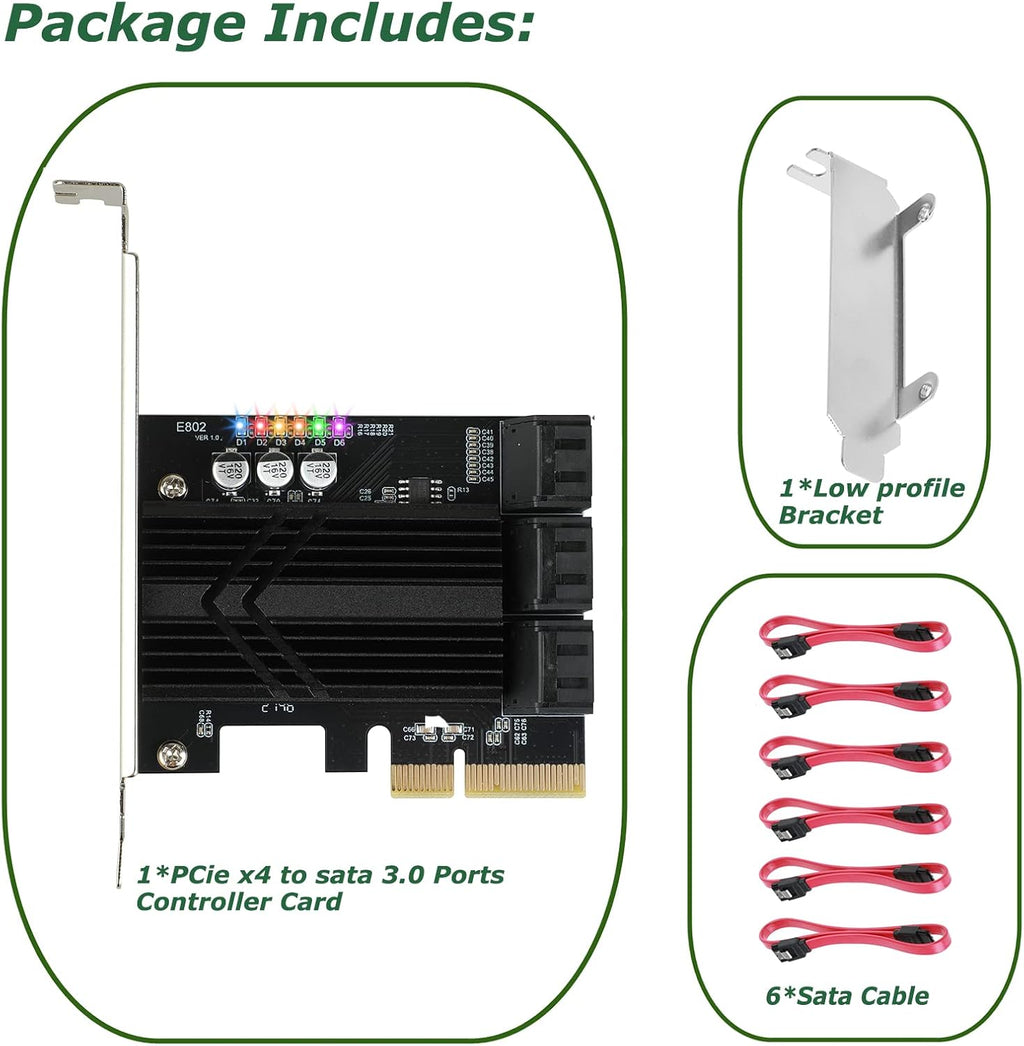 PCIe X4 6 Ports SATA III Expansion Card 6 Gbps with 6 SATA Cables T35794