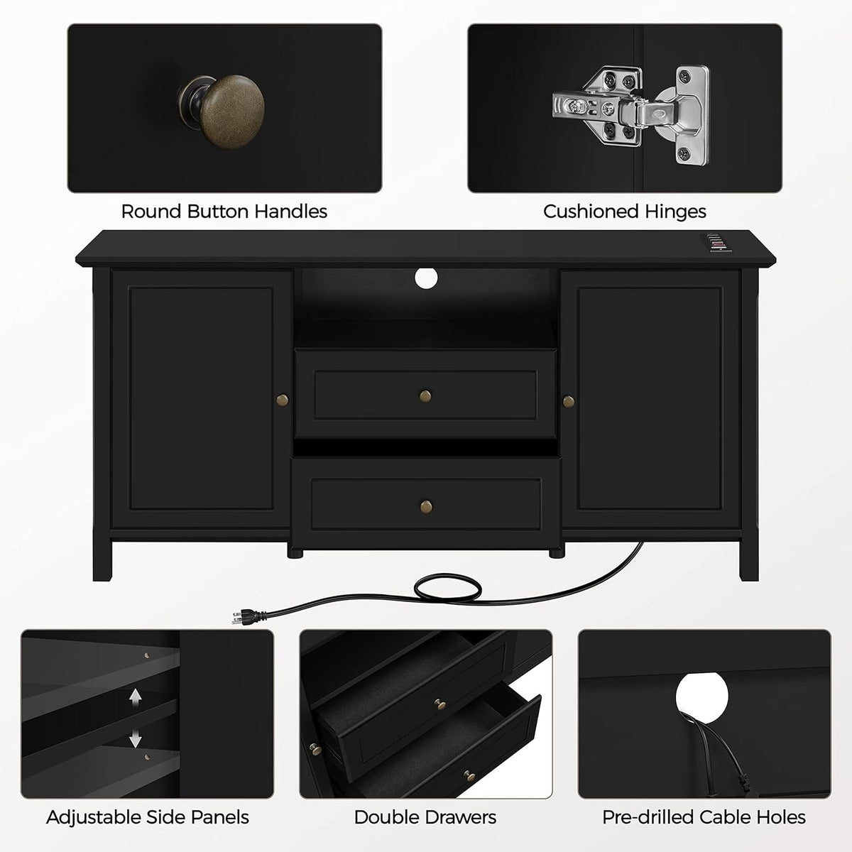 Black Media Entertainment Center with Power Outlet & Storage Cabinets R9750