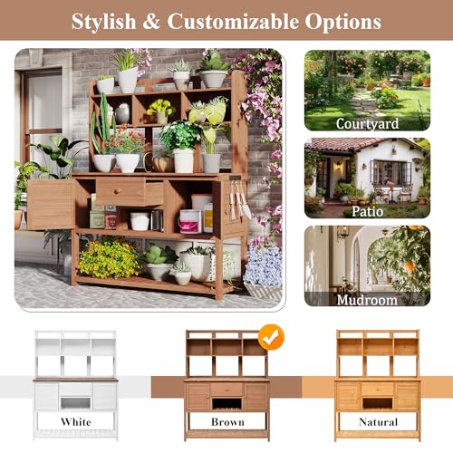 Light Brown Fir Wood Potting Bench with Drawers and Storage Shelves S737645
