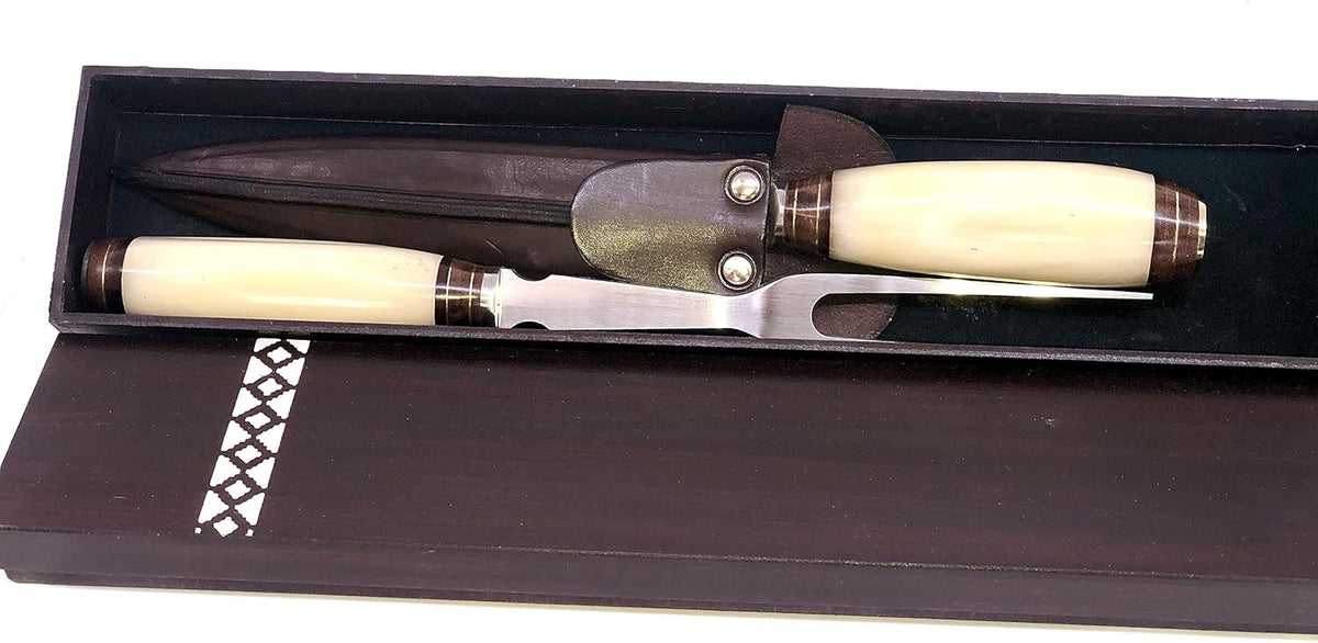 Handmade Bone Handle Carving Set with Wooden Box T8334