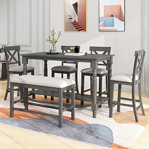 6-Piece Counter Height Table with Shelf 4 Chairs and Bench Gray L4024
