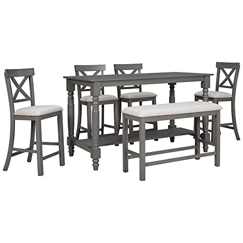 6-Piece Counter Height Table with Shelf 4 Chairs and Bench Gray L4024