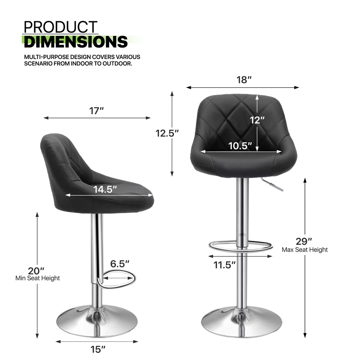 Set of 2 Faux Leather Adjustable Black Swivel Bar Stools with Backrest G202793