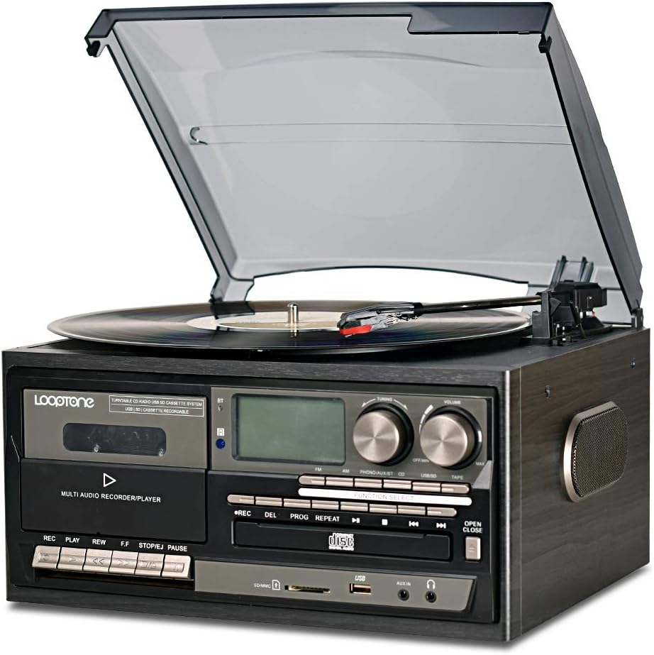 Vinyl Record Player 9 in 1 3 Speed Bluetooth Turntable CD Cassette Player AM/FM Radio USB Recorder Aux-in RCA Line-Out Black J355939
