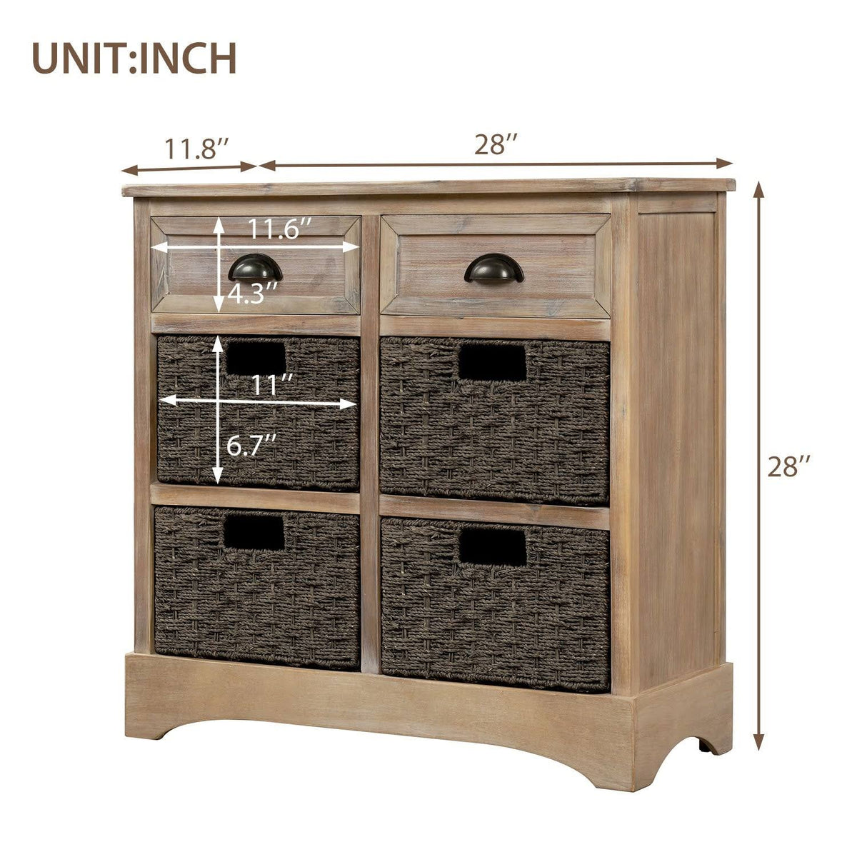 Rustic Storage Cabinet with 2 Drawers and 4 Fabric Basket I8692