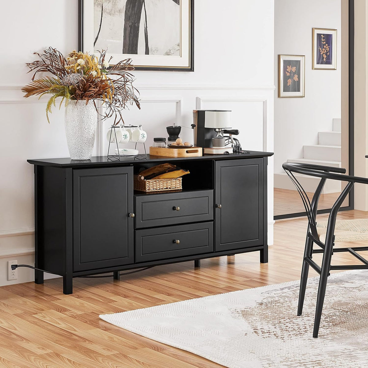 Black Media Entertainment Center with Power Outlet & Storage Cabinets R9750