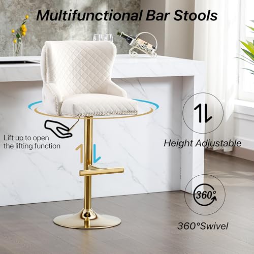 Beige Velvet Adjustable Swivel Barstools Set of 2 A359