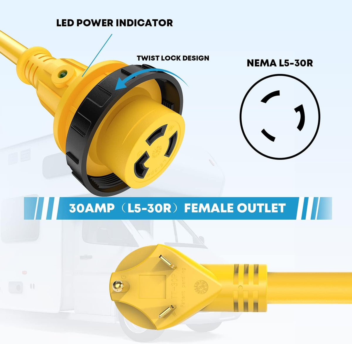 30 Amp RV Power Extension Cord 50 ft with Locking Adapter U70496