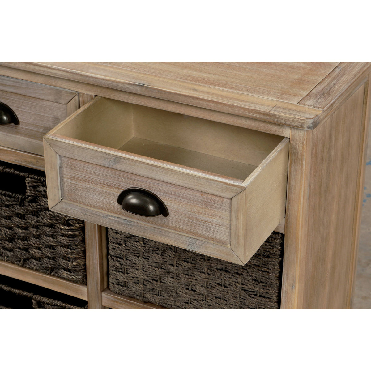 Rustic Storage Cabinet with 2 Drawers and 4 Fabric Basket I8692