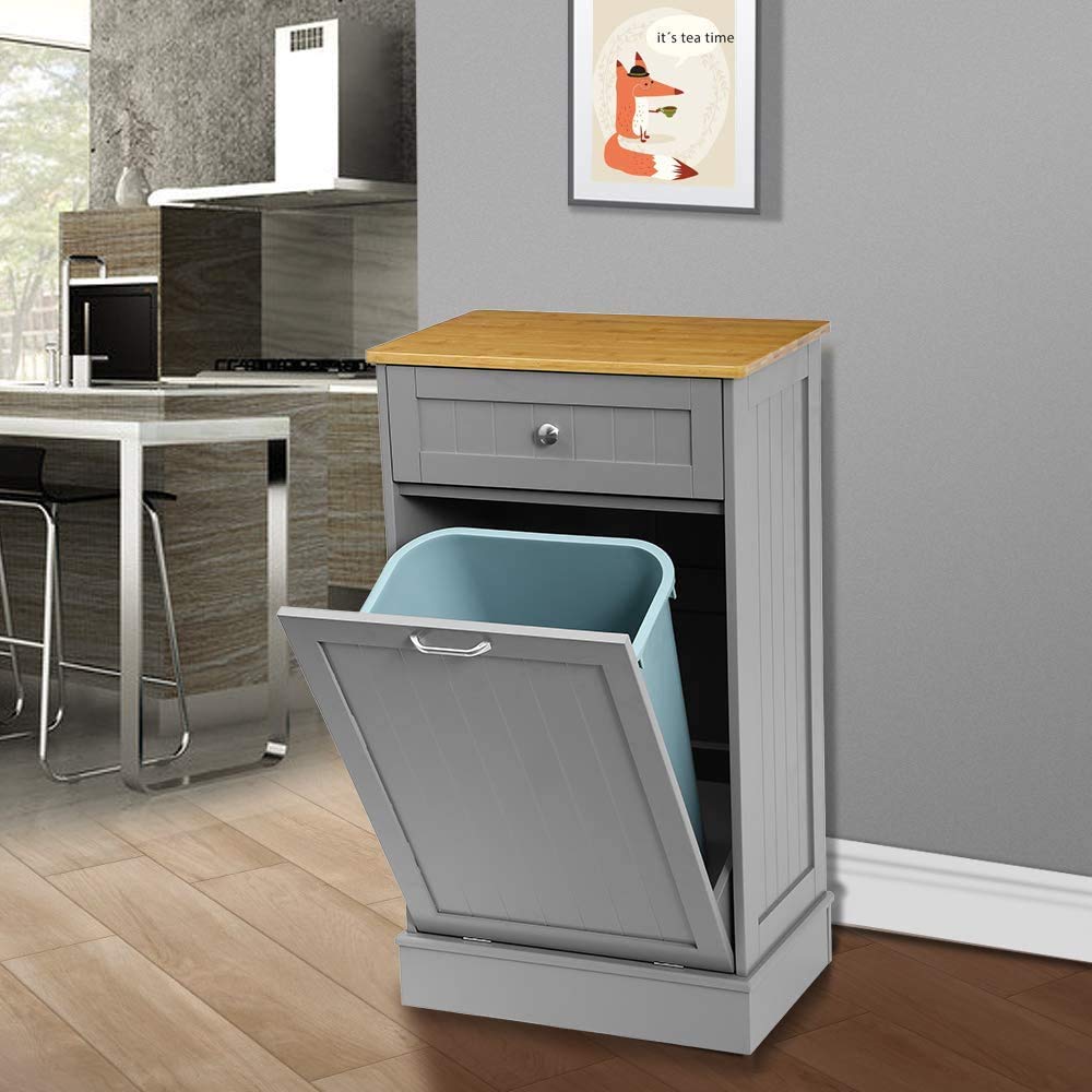 Tilt Out Trash Cabinet Can Bin Kitchen Wooden Free Standing Recycling Cabinet with Drawer Cutting Board (Grey) Y50345