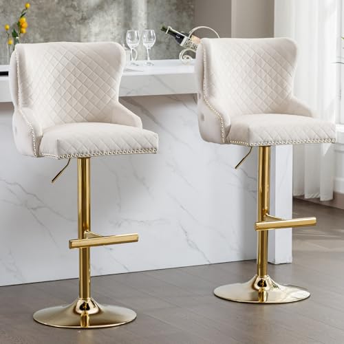 Beige Velvet Adjustable Swivel Barstools Set of 2 A359
