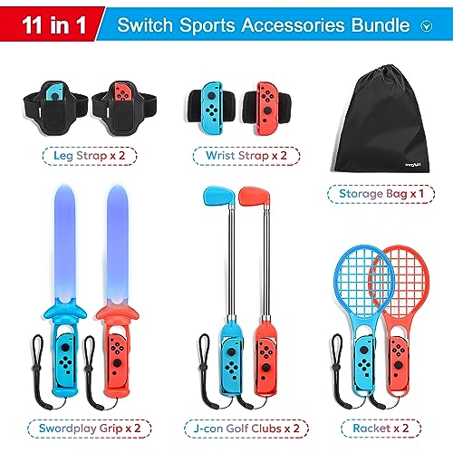 11 in 1 Switch Sports Accessories Bundle with Tennis Rackets, Golf Clubs, Swords, Wrist and Leg Strap, Storage Bag Y90492