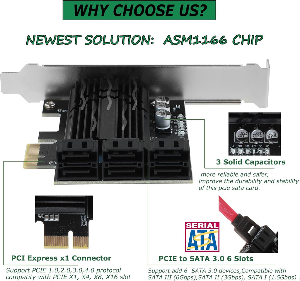 PCIe X4 6 Ports SATA III Expansion Card 6 Gbps with 6 SATA Cables T35794