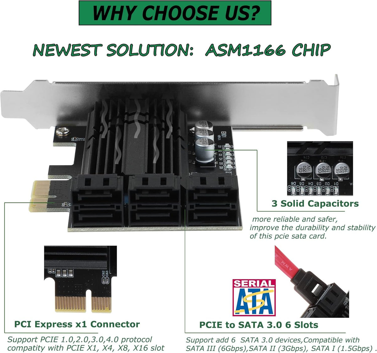 PCIe X4 6 Ports SATA III Expansion Card 6 Gbps with 6 SATA Cables T35794