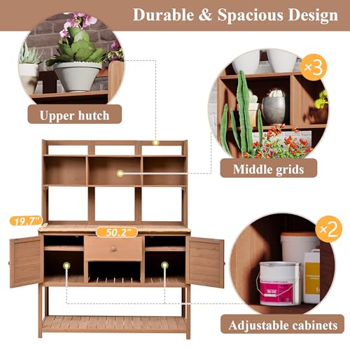 Light Brown Fir Wood Potting Bench with Drawers and Storage Shelves S737645