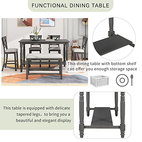 6-Piece Counter Height Table with Shelf 4 Chairs and Bench Gray L4024