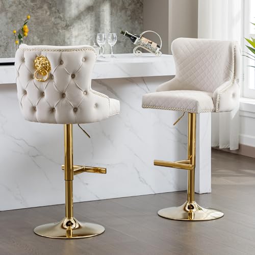 Beige Velvet Adjustable Swivel Barstools Set of 2 A359