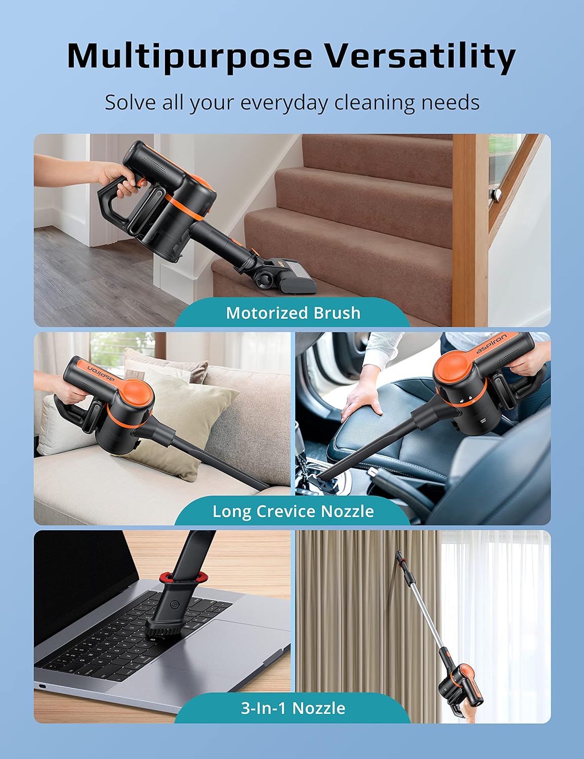 Cordless Vacuum Cleaner, 6 in 1 Stick and Handheld Vacuum with HEPA Filter E809