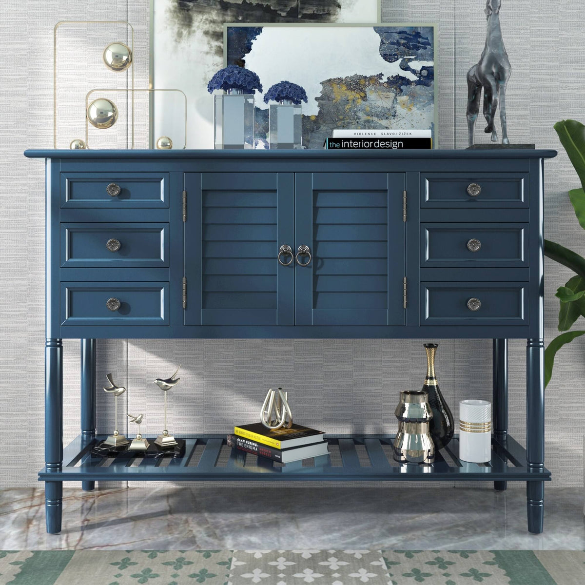 Green Console Table with 6 Drawers and Cabinet K703