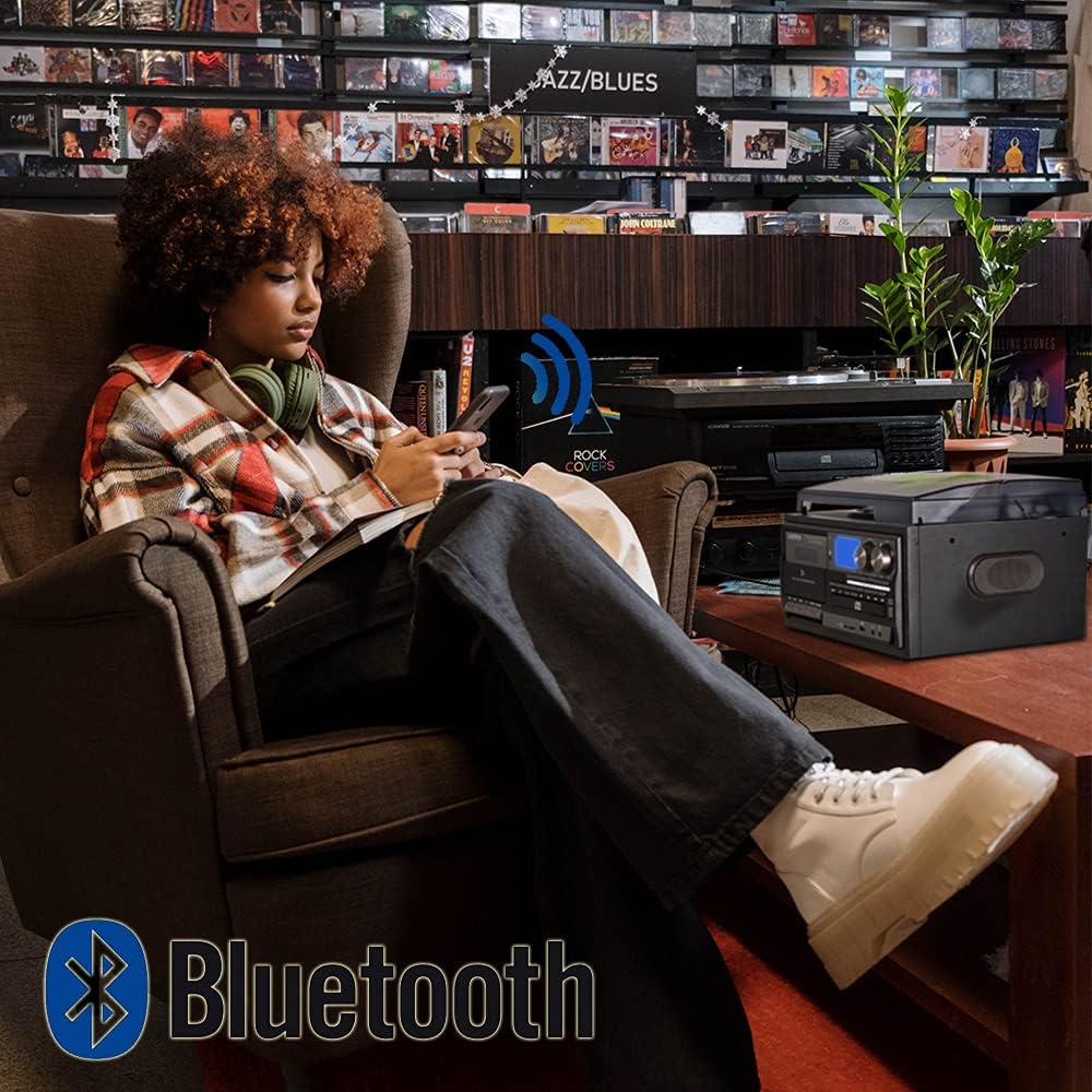Vinyl Record Player 9 in 1 3 Speed Bluetooth Turntable CD Cassette Player AM/FM Radio USB Recorder Aux-in RCA Line-Out Black J355939