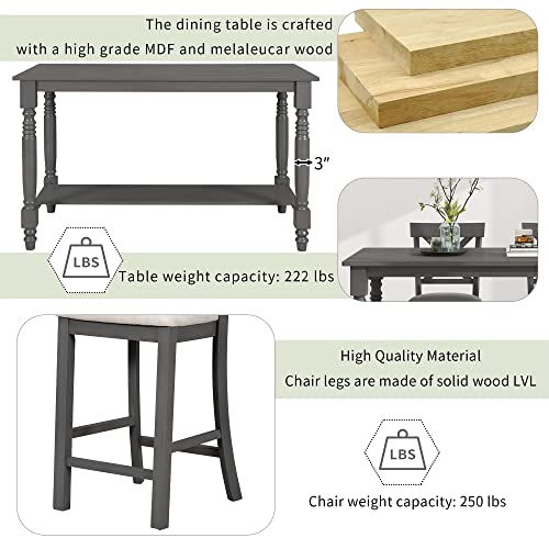 6-Piece Counter Height Table with Shelf 4 Chairs and Bench Gray L4024