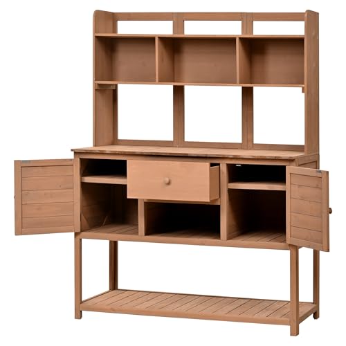 Light Brown Fir Wood Potting Bench with Drawers and Storage Shelves S737645