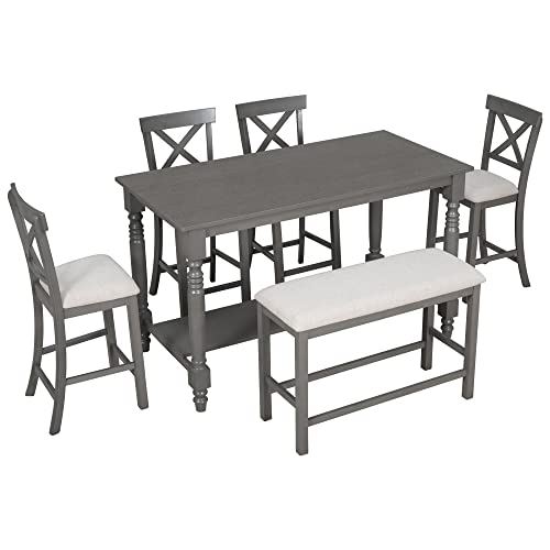 6-Piece Counter Height Table with Shelf 4 Chairs and Bench Gray L4024