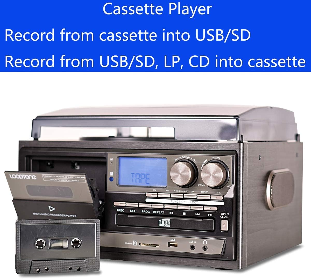 Vinyl Record Player 9 in 1 3 Speed Bluetooth Turntable CD Cassette Player AM/FM Radio USB Recorder Aux-in RCA Line-Out Black J355939