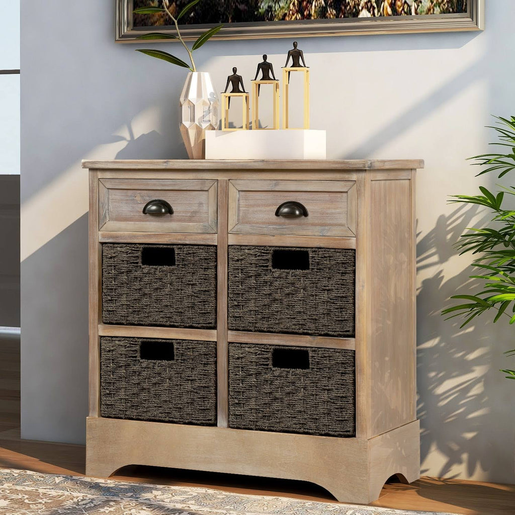 Rustic Storage Cabinet with 2 Drawers and 4 Fabric Basket I8692